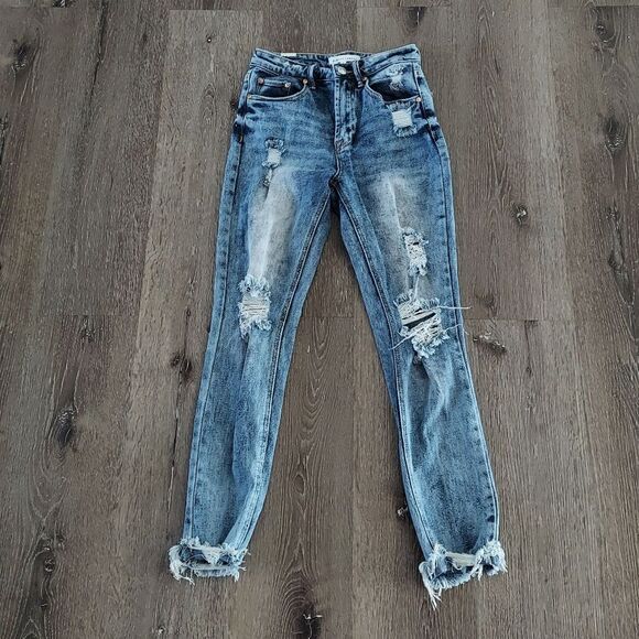 Almost Famous Distressed Raw Hem High Rise Skinny Jeans Size 0 - Picture 1 of 8